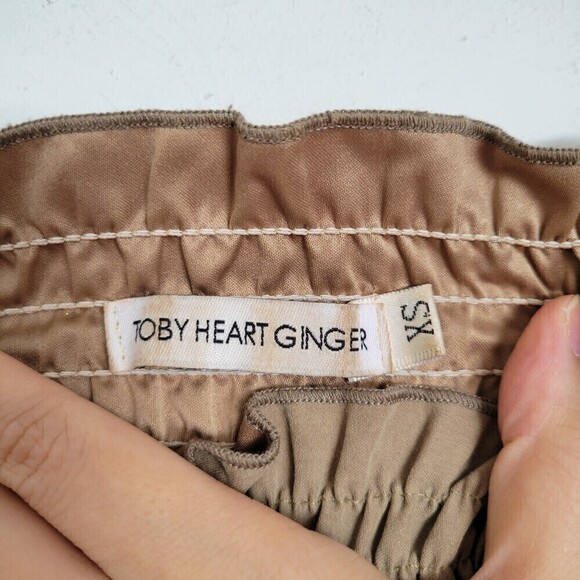 Toby Heart Ginger 100% Cotton Green Tan Smocked Short Sleeve Faux Suede Blouse - Picture 8 of 11